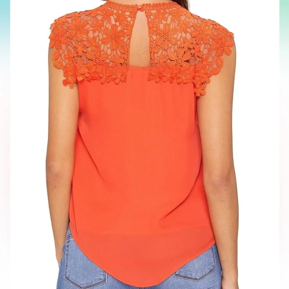Sz Small Women Orange Lace neck Sleeveless Top - Picture 2 of 4